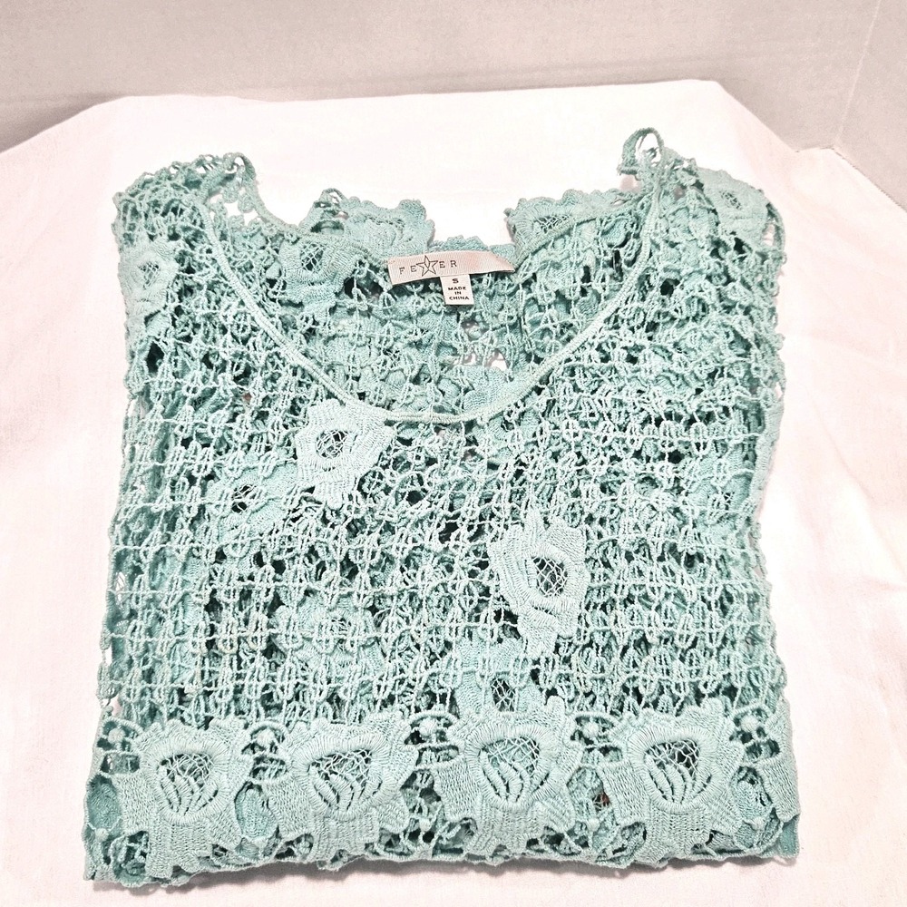 Fever Size S Women's Aqua Crocheted Beach Cover-Up Tunic Scoop Neck 3/4 Sleeve